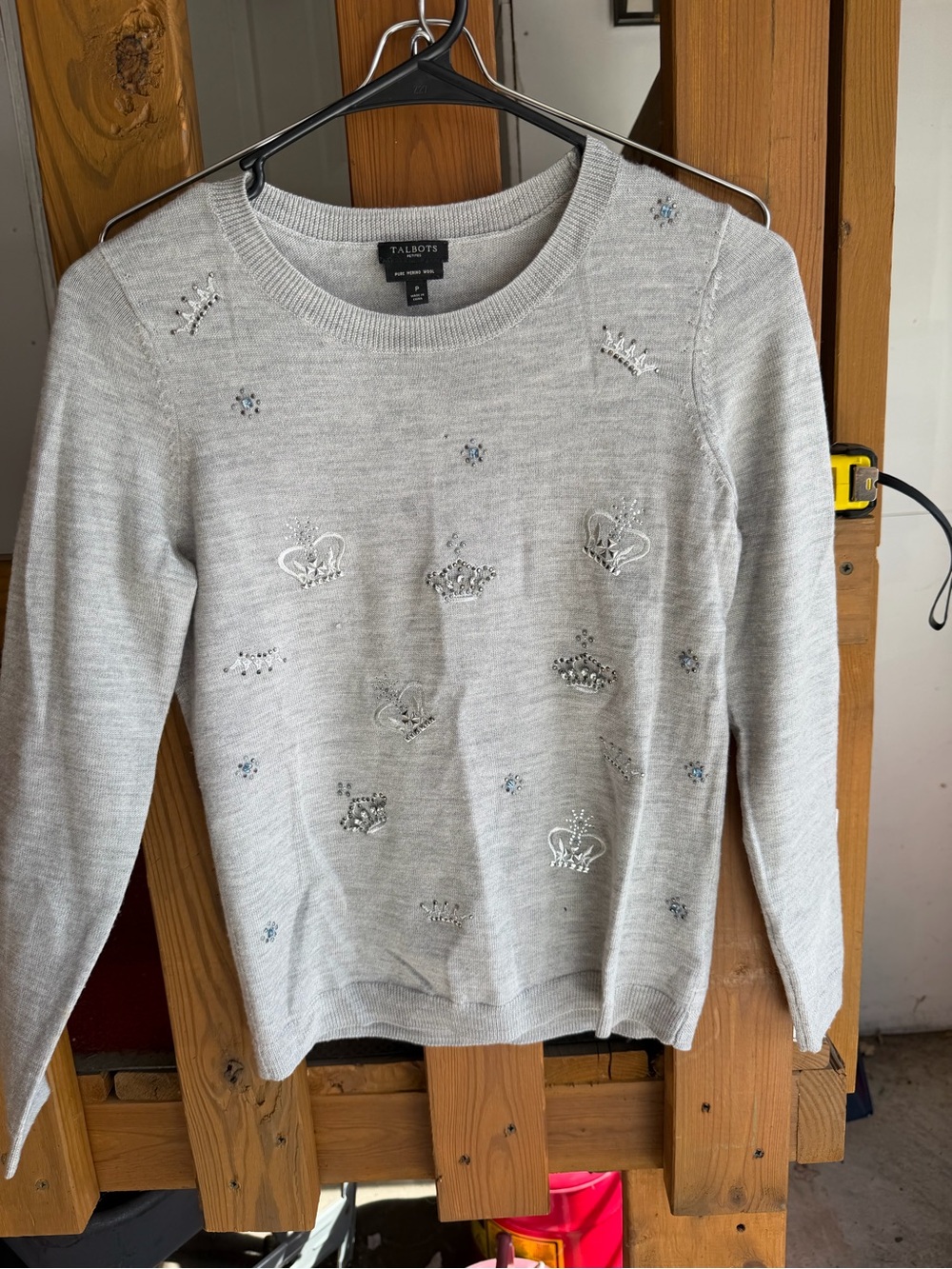 Talbots Light Gray Crewneck Sweater with Jeweled Crown & Heart Motifs